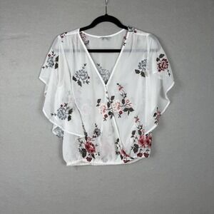 Lucky‎ Brand M Womens Top Sheer Embroidered Vneck White Floral Boho Cottage